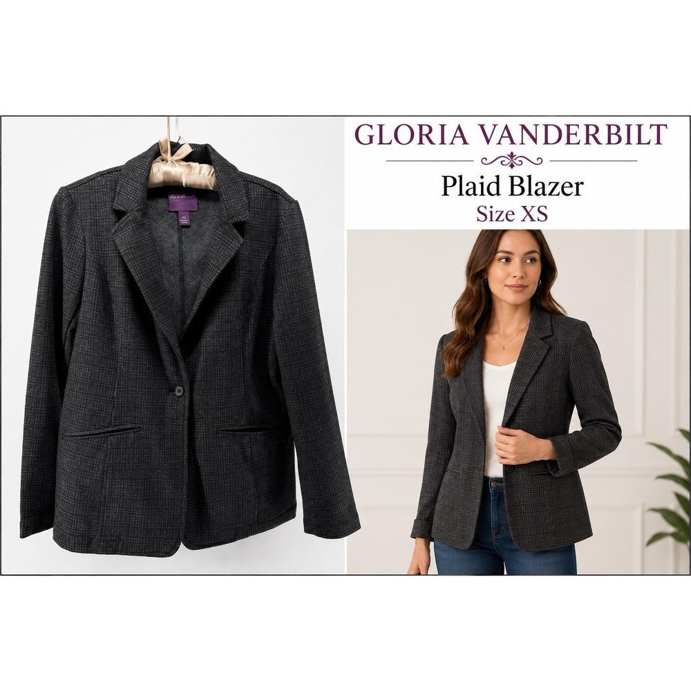 Gloria Vanderbilt Plaid Blazer XS Gray Career Classic Preppy One Button Jacket